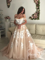 Off the Shoulder Floral Champagne Modern Wedding Dresses VW1368