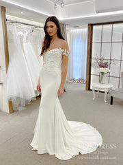 Off the Shoulder Lace Satin Mermaid Wedding Dresses VW1864