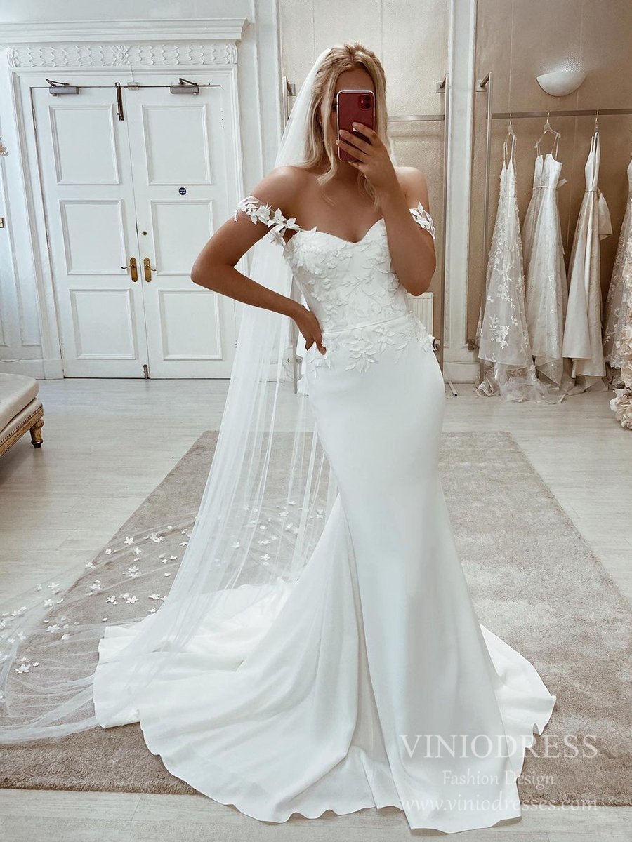 Off the Shoulder Lace Satin Mermaid Wedding Dresses VW1864