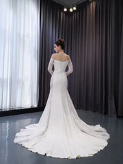 Off the Shoulder Lace Wedding Dresses Sheath Modern Bridal Dress with Sleeves 222242