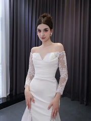 Off the Shoulder Lace Wedding Dresses Sheath Modern Bridal Dress with Sleeves 222242