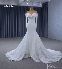 Off the Shoulder Lace Wedding Dresses Sheath Modern Bridal Dress with Sleeves 222242