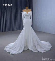 Off the Shoulder Lace Wedding Dresses Sheath Modern Bridal Dress with Sleeves 222242