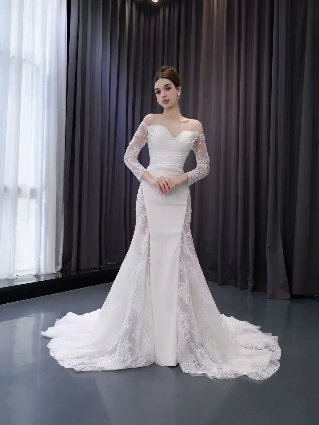 Off the Shoulder Lace Wedding Dresses Sheath Modern Bridal Dress with Sleeves 222242
