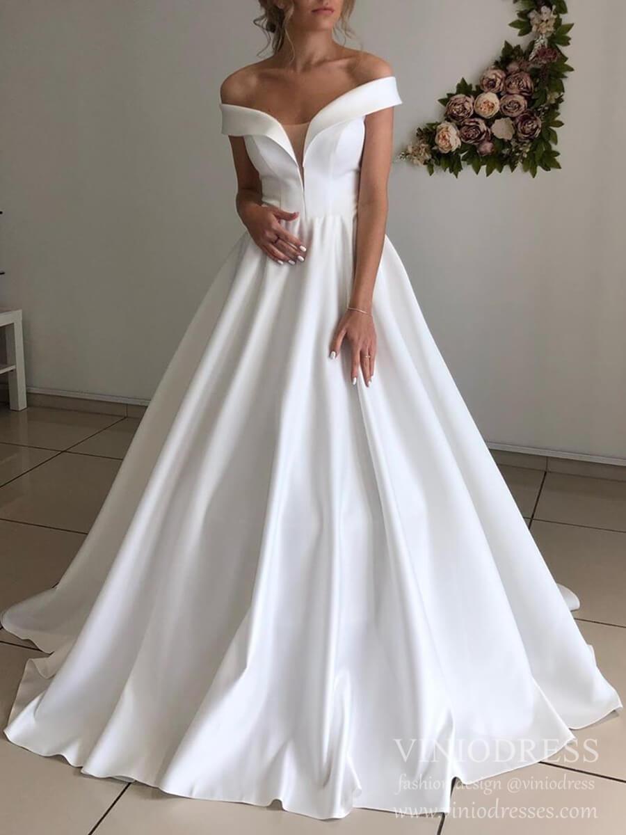 Off the Shoulder Wedding Dress Simple Bridal Dress with Decorative Corset Back VW1562