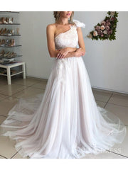 One Shoulder Watteau Train Tulle Wedding Dresses VW1837