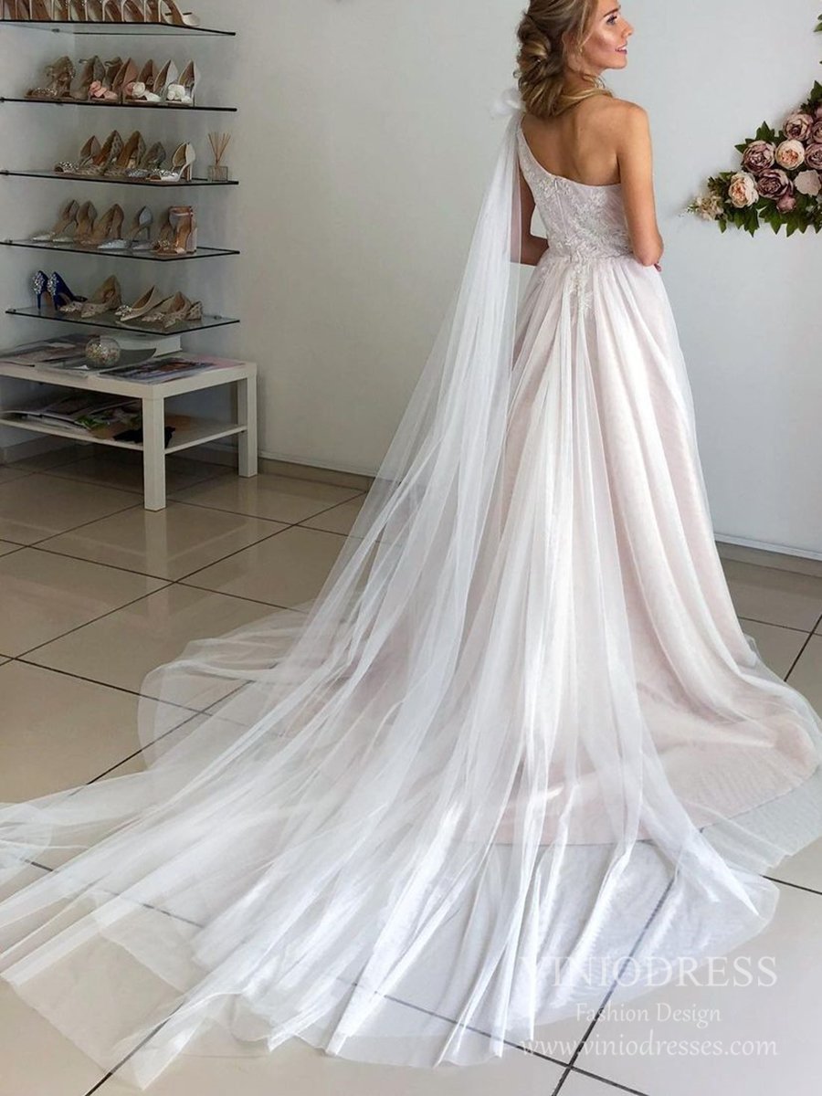 One Shoulder Watteau Train Tulle Wedding Dresses VW1837