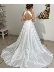 Open Back Satin Wedding Dresses Halter Simple Wedding Gowns VW1835