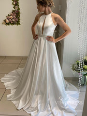 Open Back Satin Wedding Dresses Halter Simple Wedding Gowns VW1835