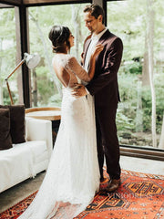 Open Back Sheath Boho Wedding Dresses Pearl Tulle Bridal Dress vw1529