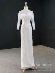 Pearls Beaded Long Sleeve Wedding Dresses with Removable Skirt VW1756