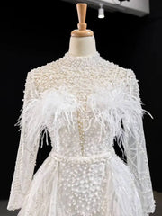 Pearls Beaded Long Sleeve Wedding Dresses with Removable Skirt VW1756