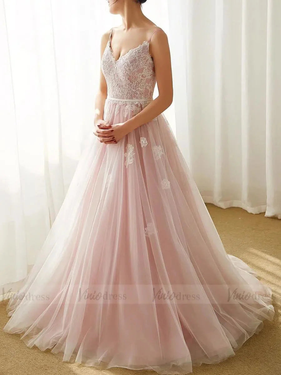 Pink Spaghetti Strap Lace Beach Wedding Dresses 2019 VW1309