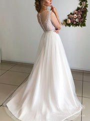 Pleated Tulle A-line Pearl Wedding Dresses with Long Sleeves VW1836