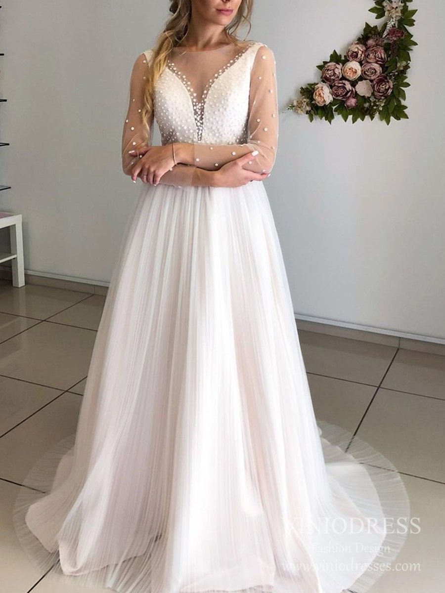 Pleated Tulle A-line Pearl Wedding Dresses with Long Sleeves VW1836