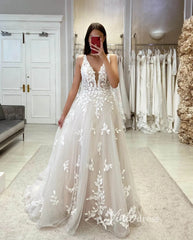 Plunging V-neck A-line Wedding Dresses Ethereal Lace Country Bridal Dresses VW1861