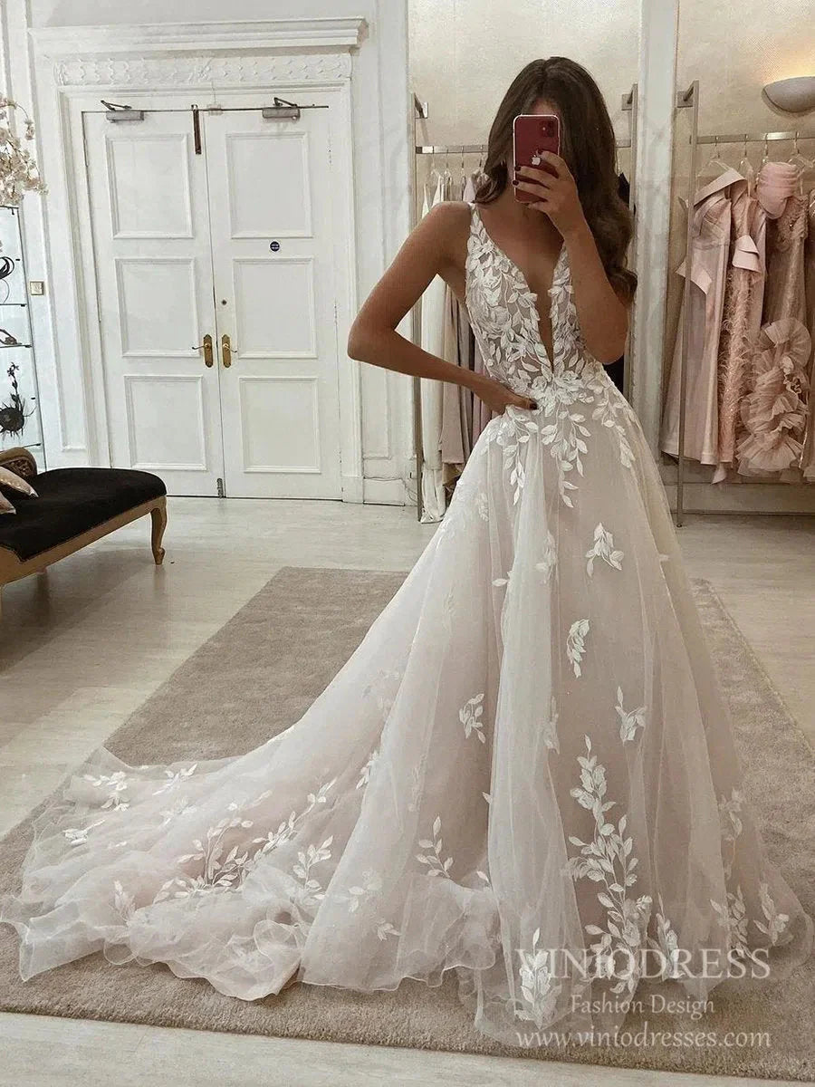 Plunging V-neck A-line Wedding Dresses Ethereal Lace Country Bridal Dresses VW1861