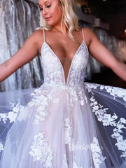 Plunging V-neck Lace Appliqued Wedding Dresses Spaghetti Strap VW2075