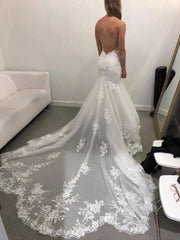 Plunging V Neck Lace Mermaid Wedding Dresses with Straps VW1318