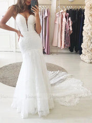 Plunging V Neck Lace Mermaid Wedding Dresses with Straps VW1318