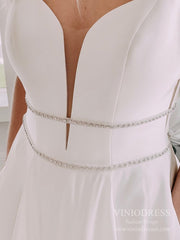Plunging V-neck Spaghetti Strap Satin Wedding Dresses with Pockets VW1846B