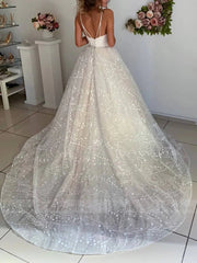 Plunging V Neck Sparkly Sequin Wedding Dresses with Straps VW1352