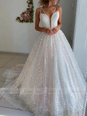 Plunging V Neck Sparkly Sequin Wedding Dresses with Straps VW1352