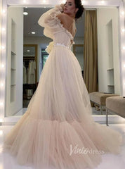 Puffy Bishop Sleeve Tulle Wedding Dress for Photography FD1527