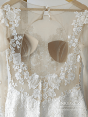 Romantic Beaded Floral Lace Mermaid Wedding Dresses with Long Sleeves VW1314