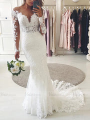 Romantic Beaded Floral Lace Mermaid Wedding Dresses with Long Sleeves VW1314