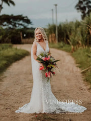 Romantic Bohemian Lace Rustic Wedidng Dresses with Train VW1440