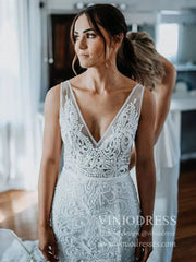 Romantic Bohemian Lace Rustic Wedidng Dresses with Train VW1440