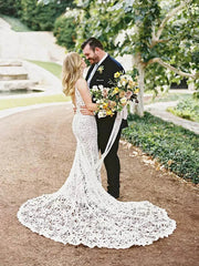 Romantic Bohemian Lace Rustic Wedidng Dresses with Train VW1440