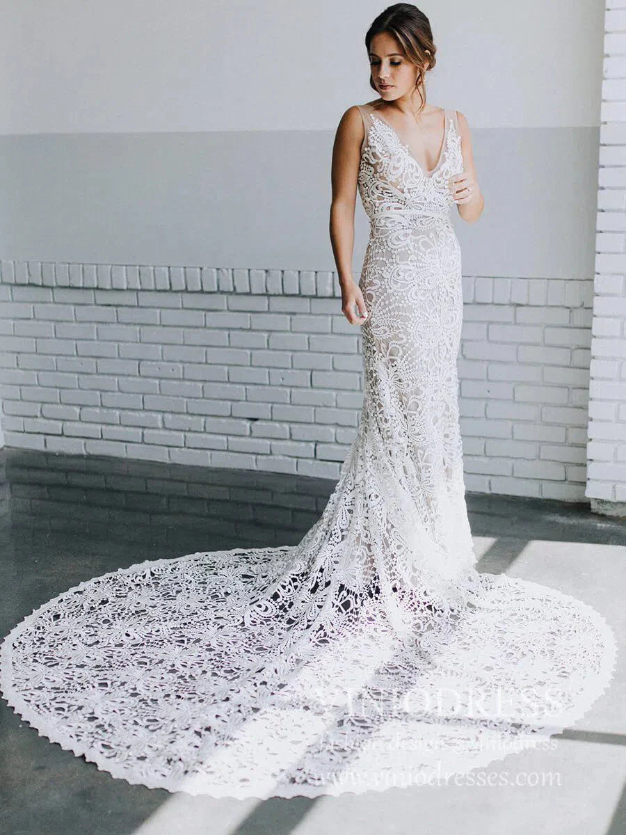 Romantic Bohemian Lace Rustic Wedidng Dresses with Train VW1440