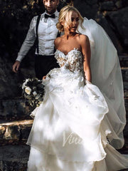 Romantic Floral Boho Wedding Dresses Strapless Beach Wedding Gown VW1210