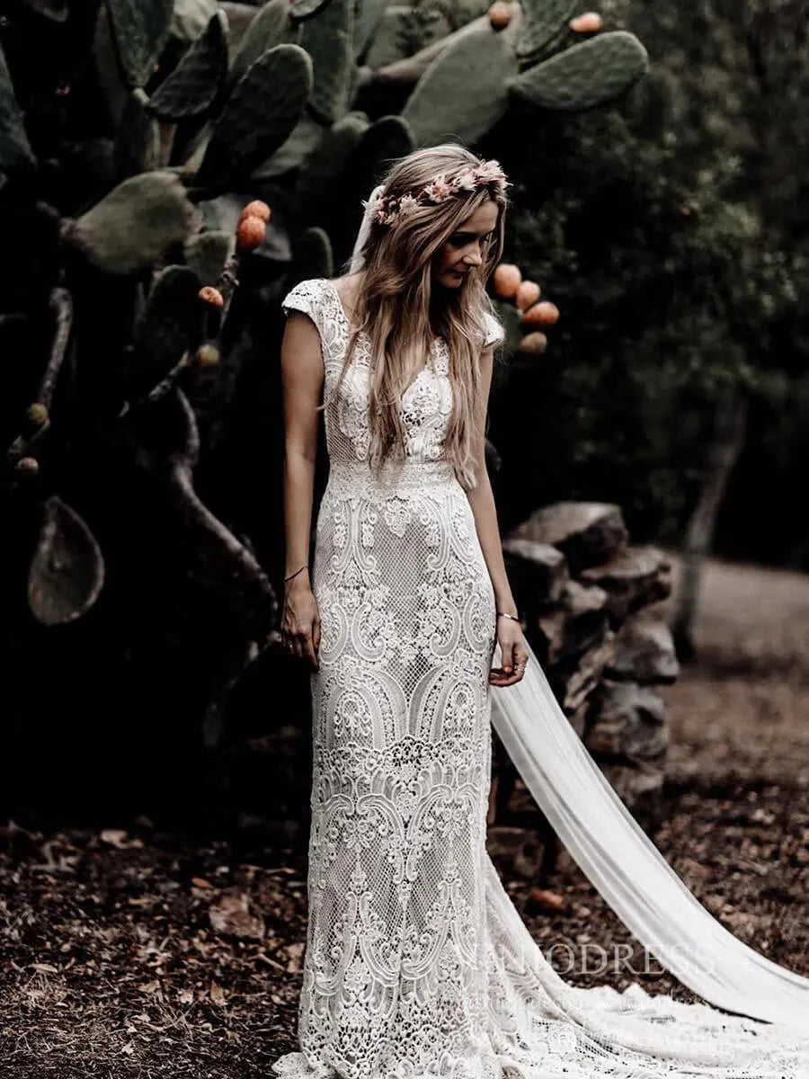 Rustic Lace Country Wedding Dresses Sheath Beach Boho Wedding Dress Viniodress VW1057