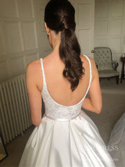 Scoop Neck Low Back Satin Wedding Dresses with Pockets VW1865