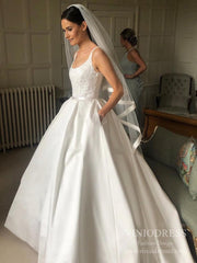 Scoop Neck Low Back Satin Wedding Dresses with Pockets VW1865