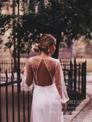 See Through Pearl Tulle Beach Wedding Dresses with Fluffy Long Sleeves VW1445