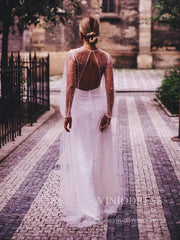 See Through Pearl Tulle Beach Wedding Dresses with Fluffy Long Sleeves VW1445