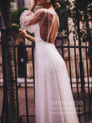 See Through Pearl Tulle Beach Wedding Dresses with Fluffy Long Sleeves VW1445