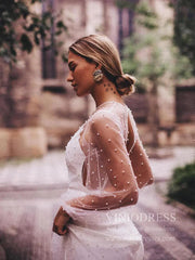See Through Pearl Tulle Beach Wedding Dresses with Fluffy Long Sleeves VW1445