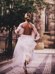See Through Pearl Tulle Beach Wedding Dresses with Fluffy Long Sleeves VW1445
