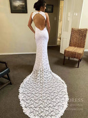 Sexy Open Back Mermaid Lace Boho Wedding Dresses with Slit VW1396
