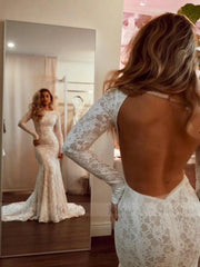 Sexy Open Back Mermaid Lace Wedding Dresses with Long Sleeves VW1305