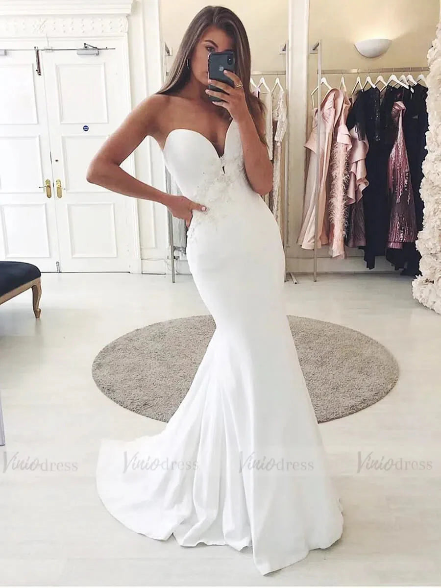Sexy Plunging V Neck Satin Mermaid Wedding Dresses 2019 VW1325