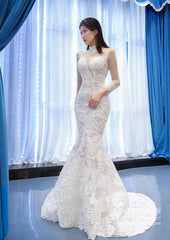 Sexy Sheer Lace Mermaid Wedding Dresses with Sleeves VW1782