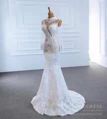 Sexy Sheer Lace Mermaid Wedding Dresses with Sleeves VW1782
