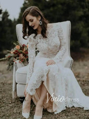 Sheath Lace Boho Wedding Dresses with Long Sleeves VW1183