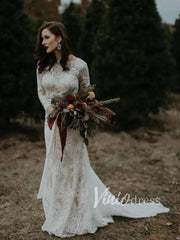 Sheath Lace Boho Wedding Dresses with Long Sleeves VW1183